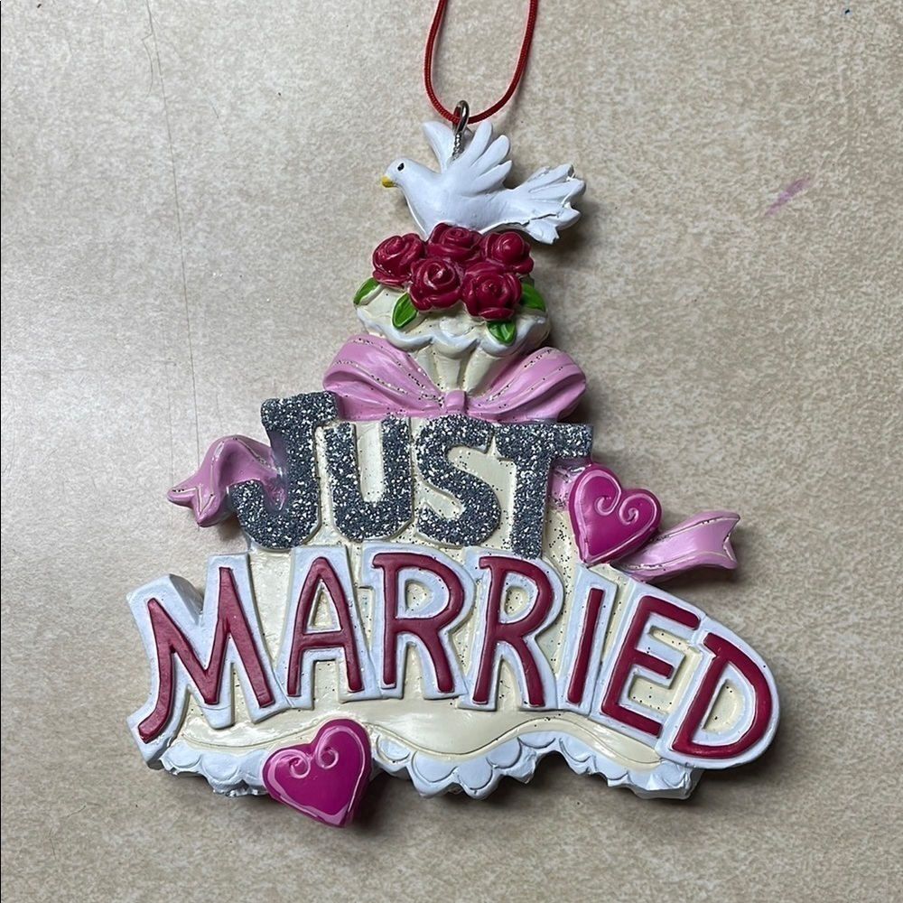 Just Married Pink Heart Flower Dove Hanging Christmas Ornament Wedding Bride